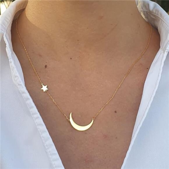 Gold Star & Moon Necklace | 14K Gold Plated Dainty Pendant | Adjustable - Picture 2 of 5